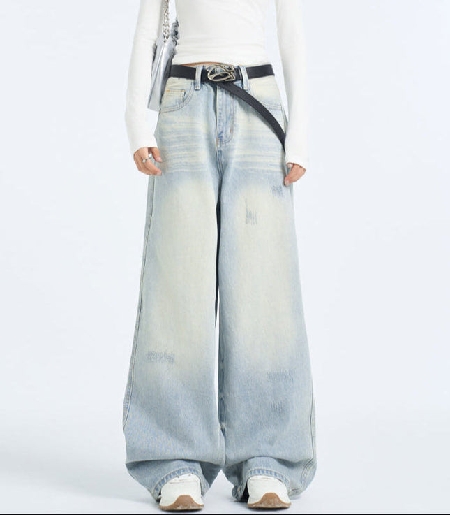 Light Blue High-Waisted Frayed Wide-Leg Jeans - Women’s Jeans