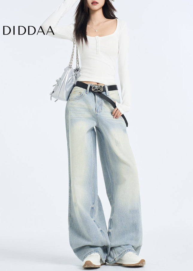 Light Blue High-Waisted Frayed Wide-Leg Jeans - Women’s Jeans