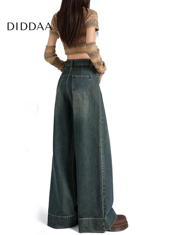 Light Blue High-Waisted Retro Loose Wide-Leg Jeans - Women’s Jeans