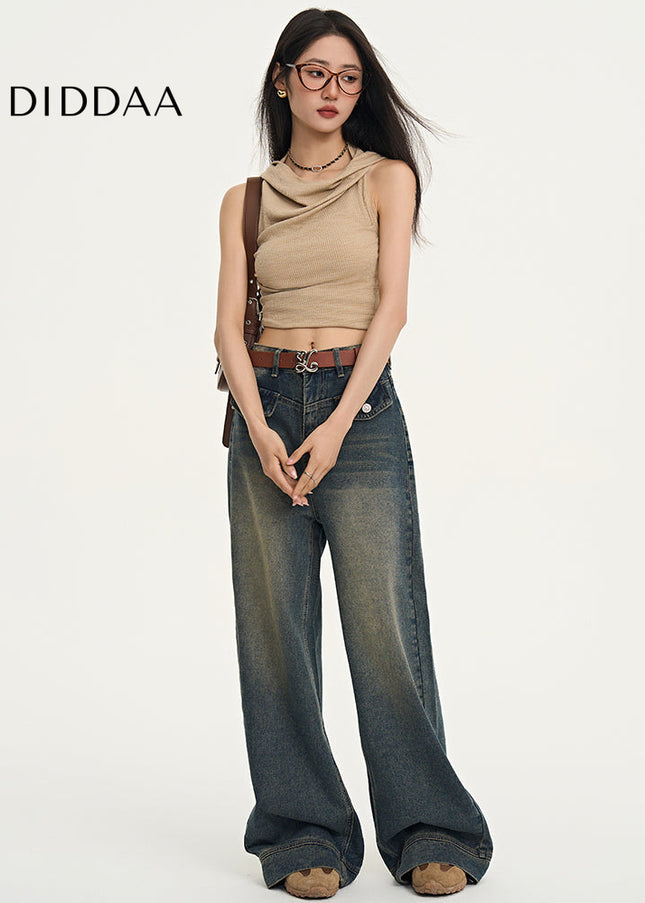 Light Blue High-Waisted Retro Loose Wide-Leg Pants - Women’s Jeans