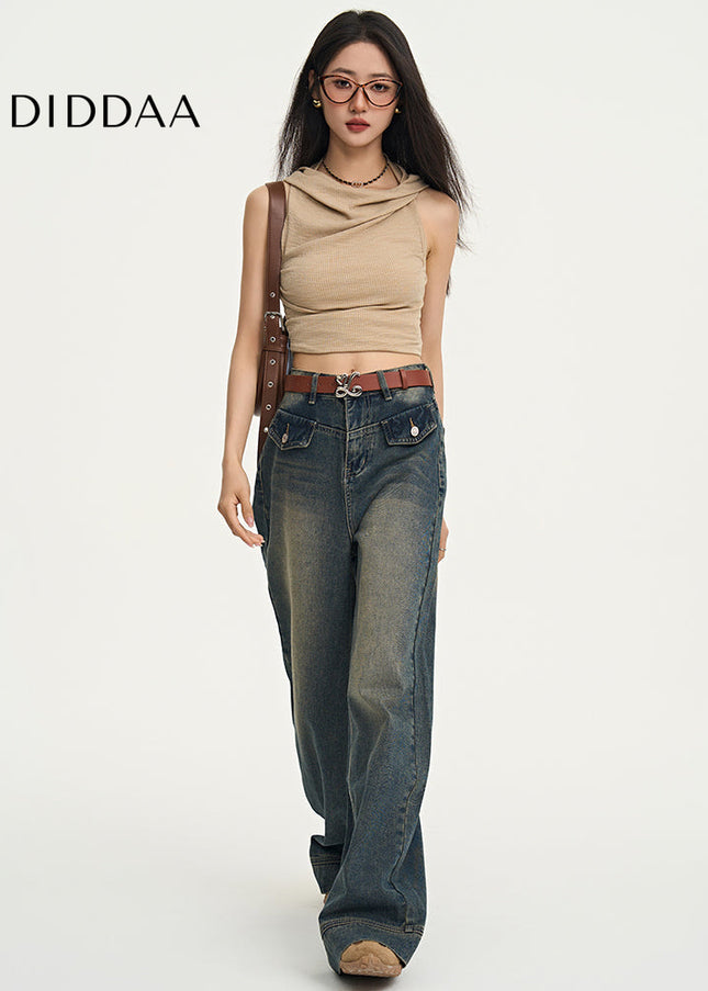 Light Blue High-Waisted Retro Loose Wide-Leg Pants - Women’s Jeans