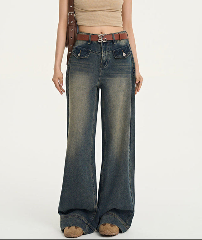 Light Blue High-Waisted Retro Loose Wide-Leg Pants - Women’s Jeans