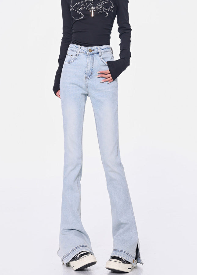 Light Blue High-Waisted Slit Design Jeans - Women’s Jeans