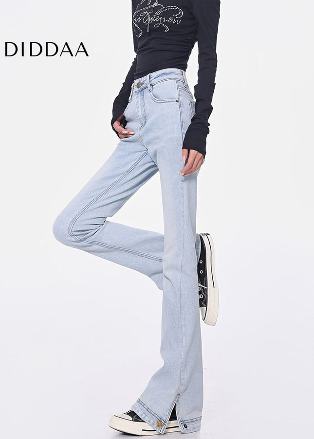 Light Blue High-Waisted Slit Design Jeans - Women’s Jeans