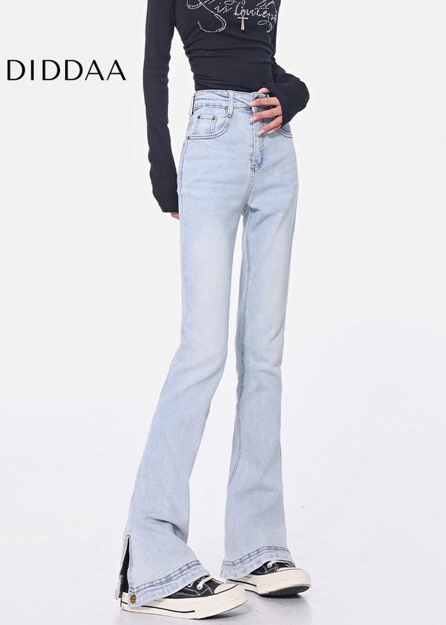 Light Blue High-Waisted Slit Design Jeans - Women’s Jeans