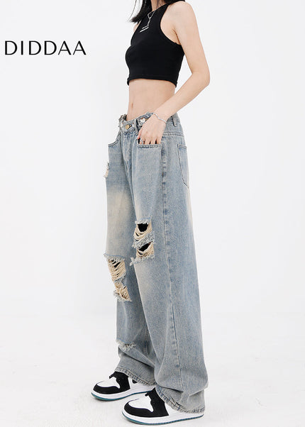 Light Blue Hole Washed Wide Leg Jeans for Women - Women’s Jeans