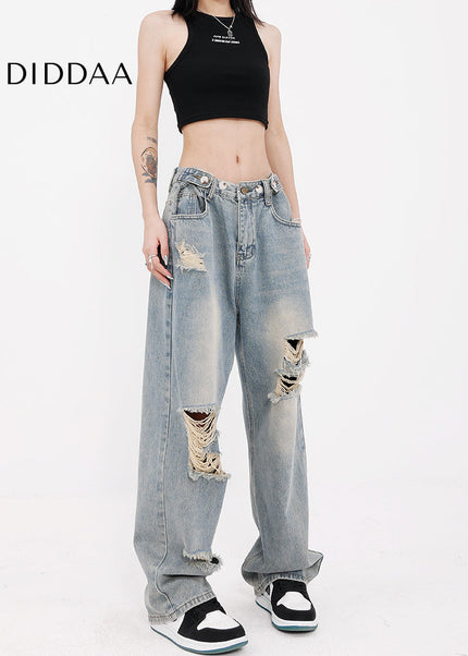 Light Blue Hole Washed Wide Leg Jeans for Women - Women’s Jeans