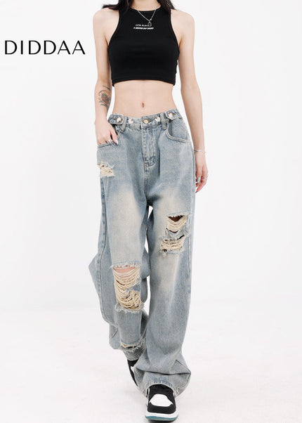 Light Blue Hole Washed Wide Leg Jeans for Women - Women’s Jeans