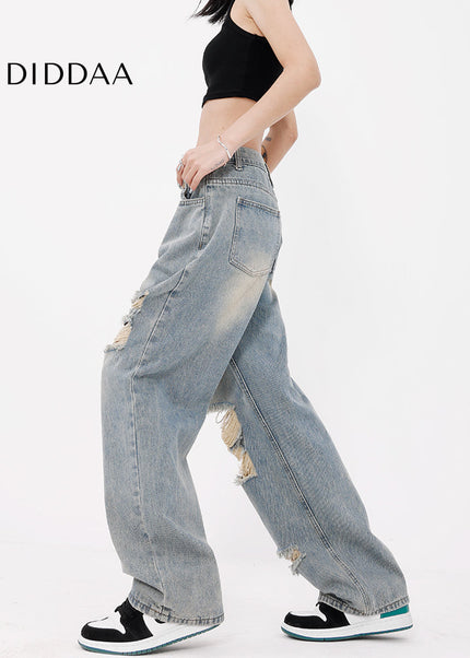 Light Blue Hole Washed Wide Leg Jeans for Women - Women’s Jeans