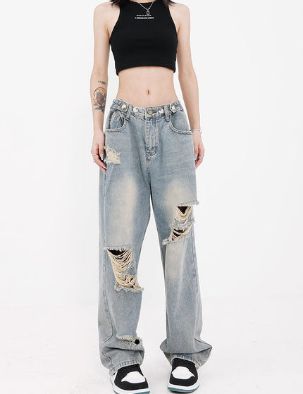 Light Blue Hole Washed Wide Leg Jeans for Women - Women’s Jeans