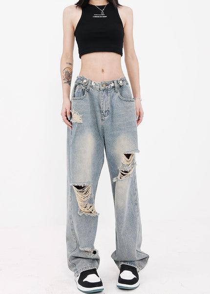 Light Blue Hole Washed Wide Leg Jeans for Women - Women’s Jeans