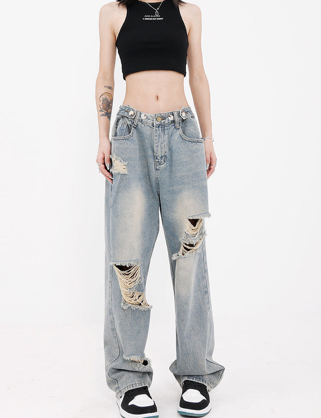 Light Blue Hole Washed Wide Leg Jeans for Women - Women’s Jeans