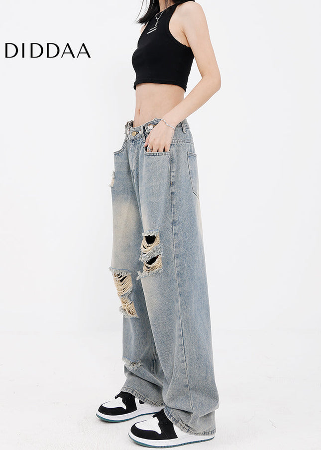 Light Blue Hole Washed Wide Leg Jeans for Women - Women’s Jeans