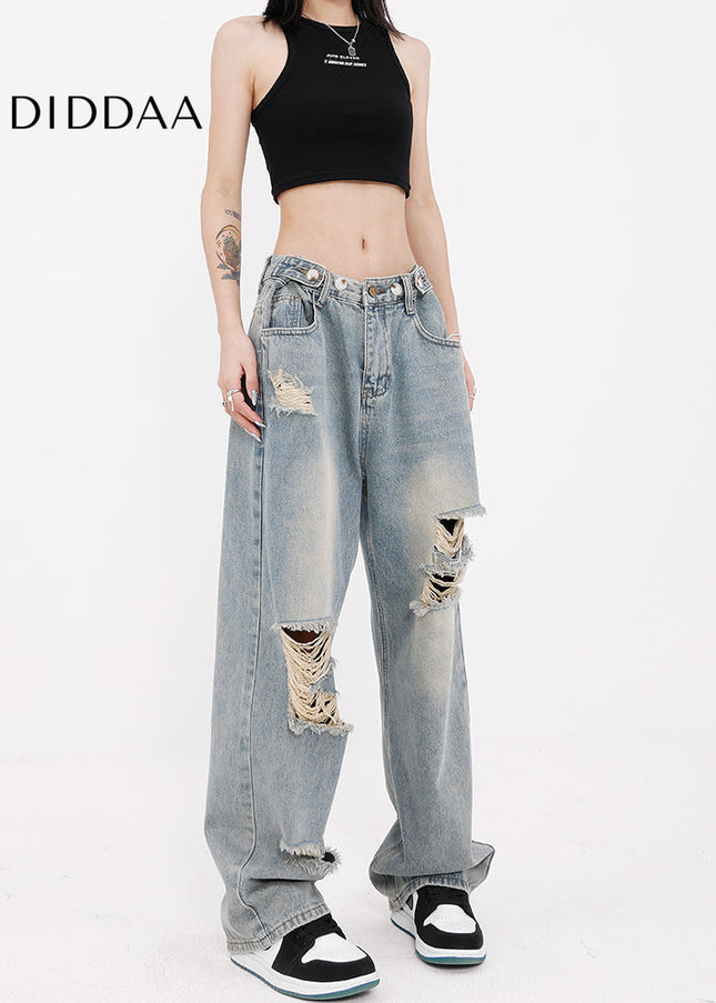 Light Blue Hole Washed Wide Leg Jeans for Women - Women’s Jeans
