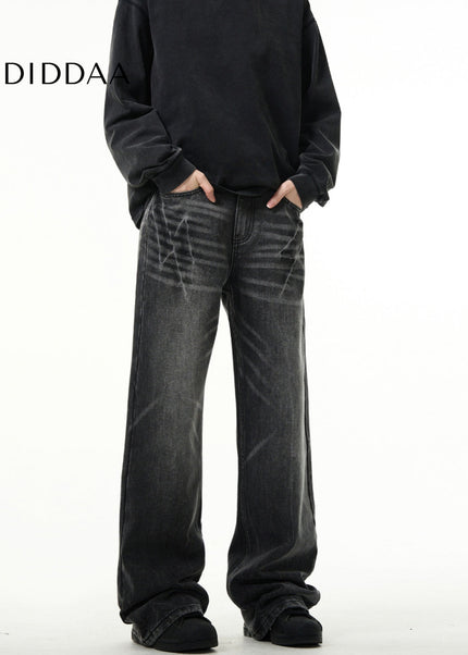 Light Blue Lightning Burst Crack Wash Straight Jeans - Men’s Jeans