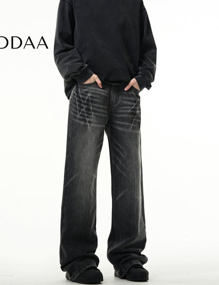 Light Blue Lightning Burst Crack Wash Straight Jeans - S / Black - Men’s Jeans