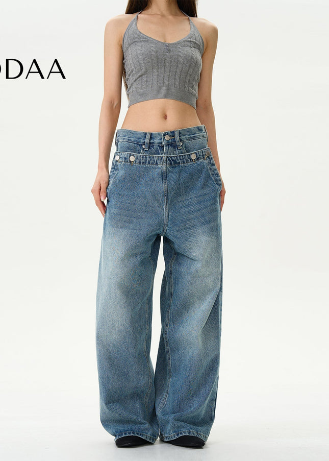 Light Blue Loose Fit Double Waist Design Jeans - S / Mid Blue - Women’s Jeans
