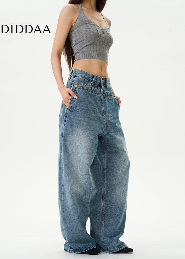 Light Blue Loose Fit Double Waist Design Jeans - Women’s Jeans