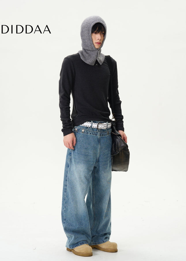 Light Blue Loose Fit Double Waist Design Jeans - Women’s Jeans