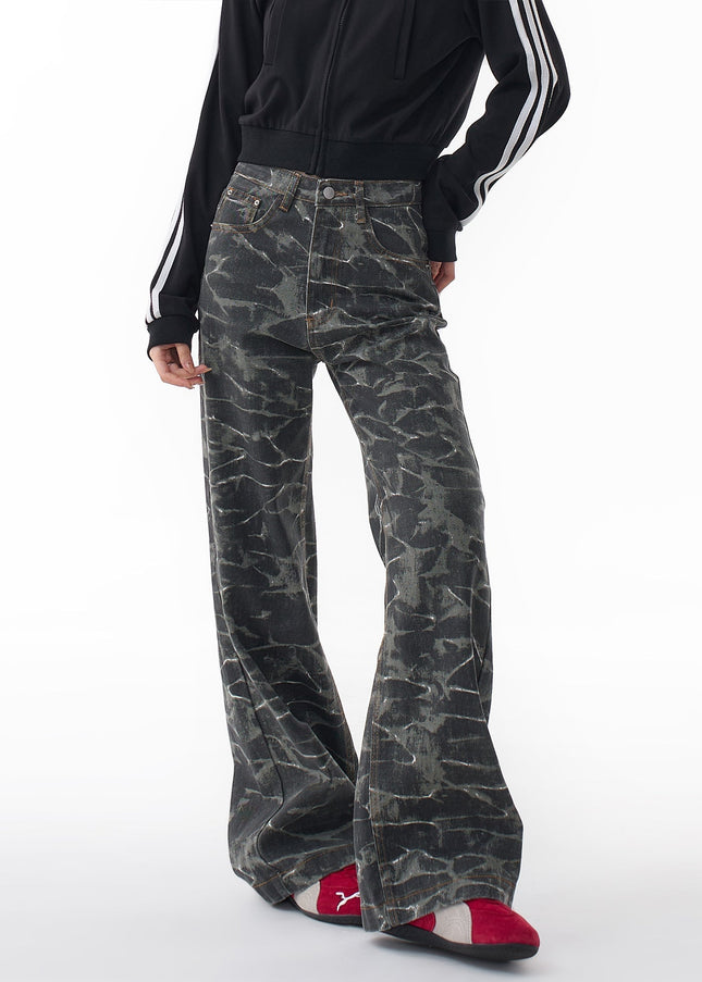 Light Blue Loose Fit Water Ripple Wide-Leg Jeans - Women’s Jeans