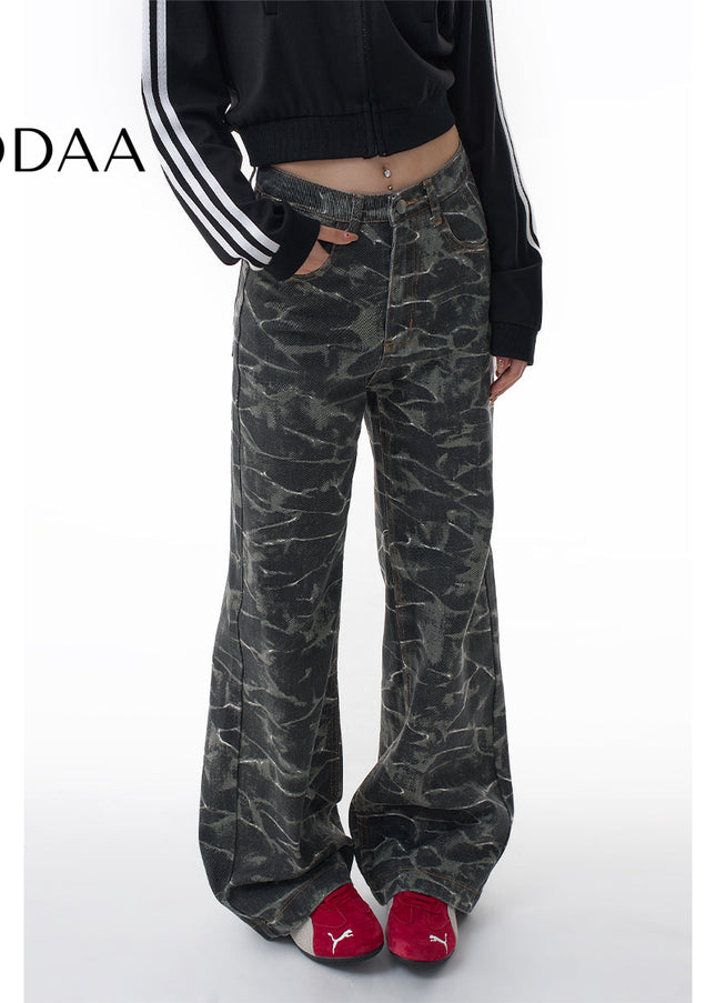 Light Blue Loose Fit Water Ripple Wide-Leg Jeans - XS / Camouflage - Women’s Jeans