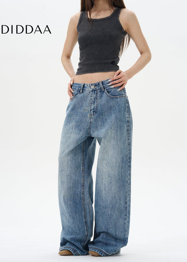 Light Blue Loose Fit Wide-Leg Jeans for Couples - Women’s Jeans