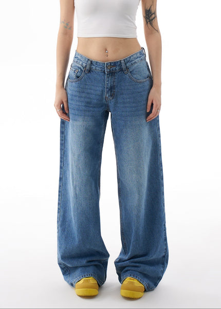 Light Blue Loose Fit Wide Leg Mop Trousers - Women’s Jeans
