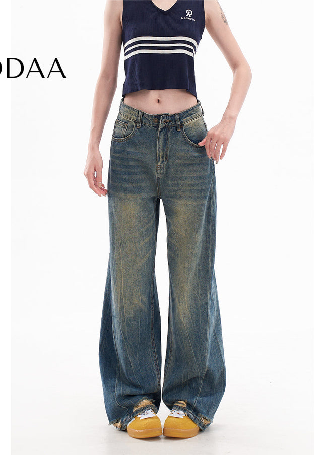 Light Blue Loose Ripped Wide-Leg Jeans for Women - XS / Dark Blue - Women’s Jeans