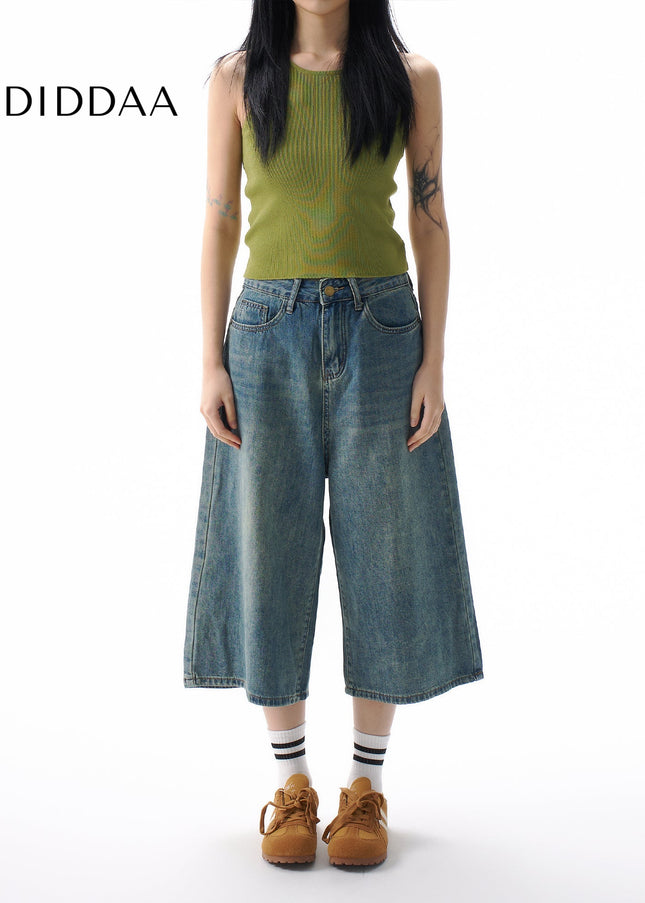 Light Blue Loose Straight Cropped Jeans Women’s 2025 Summer - XS / Mid Blue - Women’s Jeans