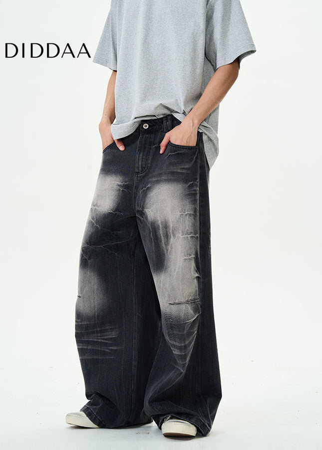 Light Blue Loose Wide-Leg Lightning Jeans for Couples - Women’s Jeans