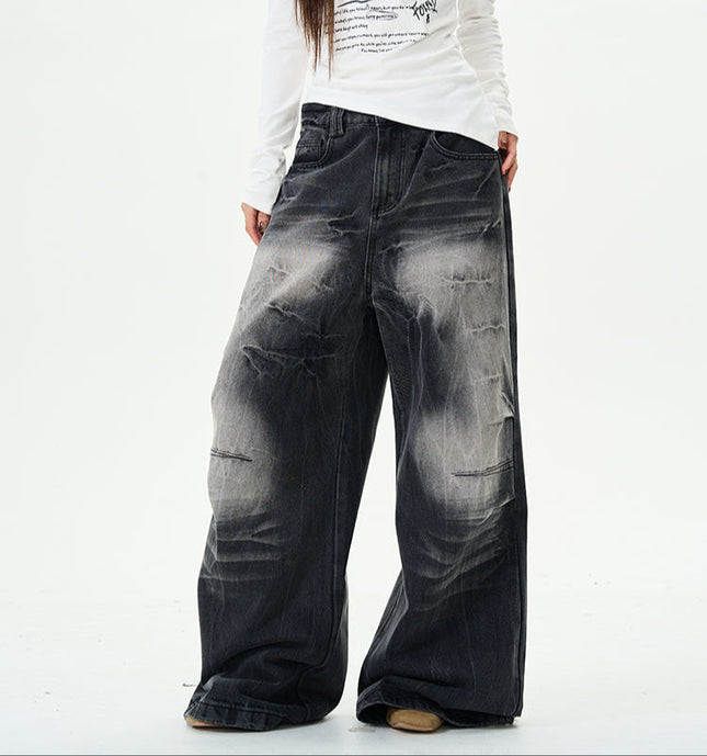 Light Blue Loose Wide-Leg Lightning Jeans for Couples - Women’s Jeans