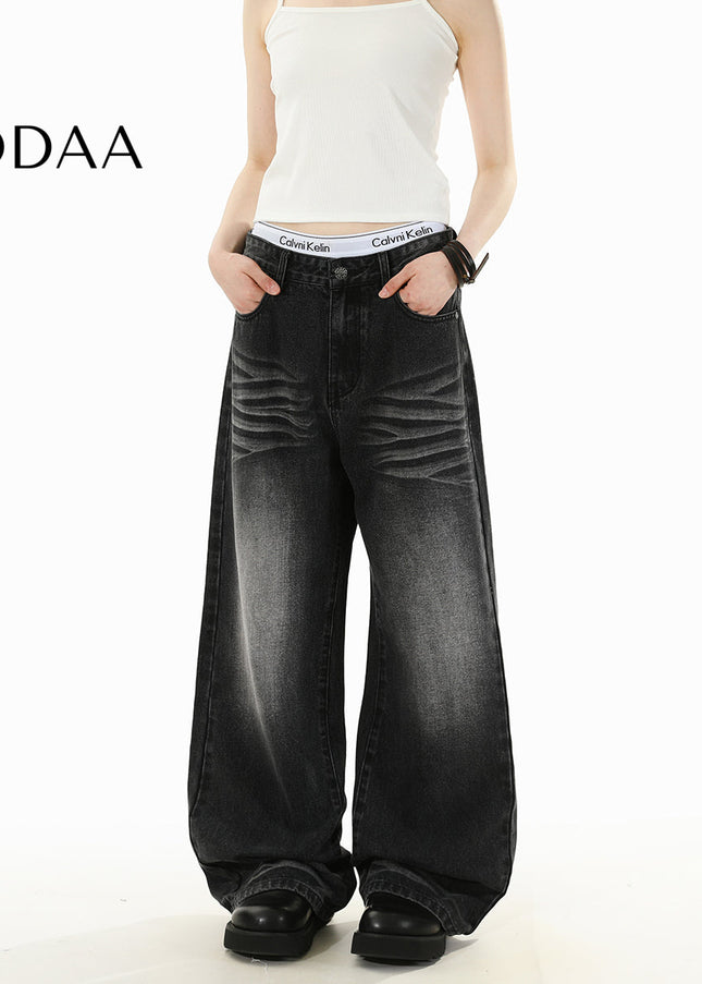 Light Blue Loose Wide-Leg Straight Jeans for Men and Women - S / Black - Men’s Jeans