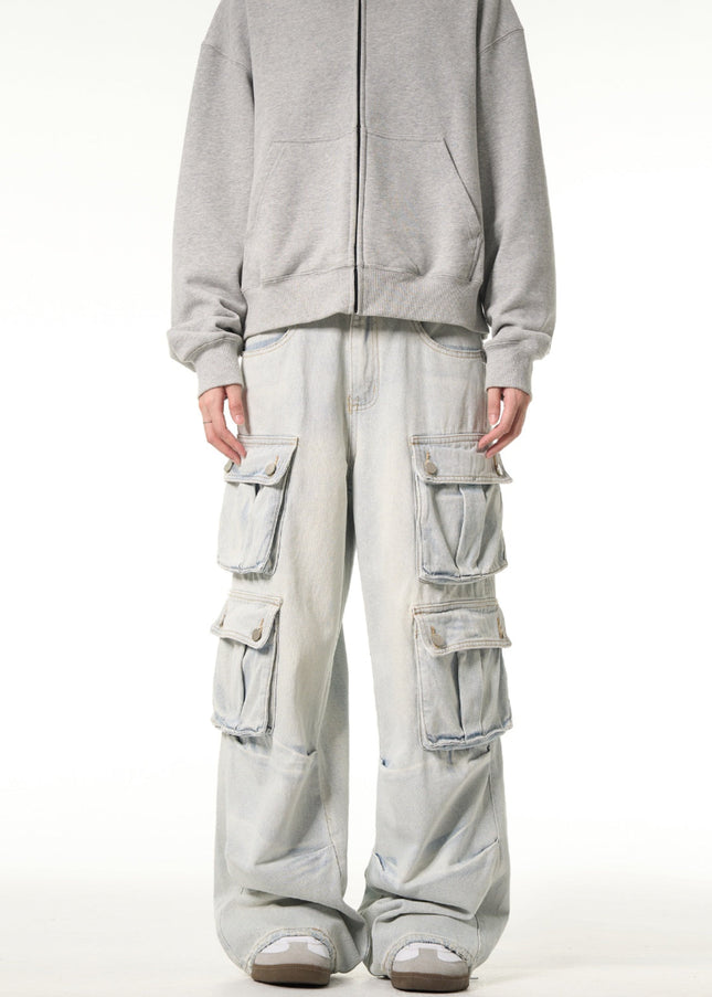 Light Blue Multi-Pocket Cargo Jeans for Men and Women - Men’s Jeans