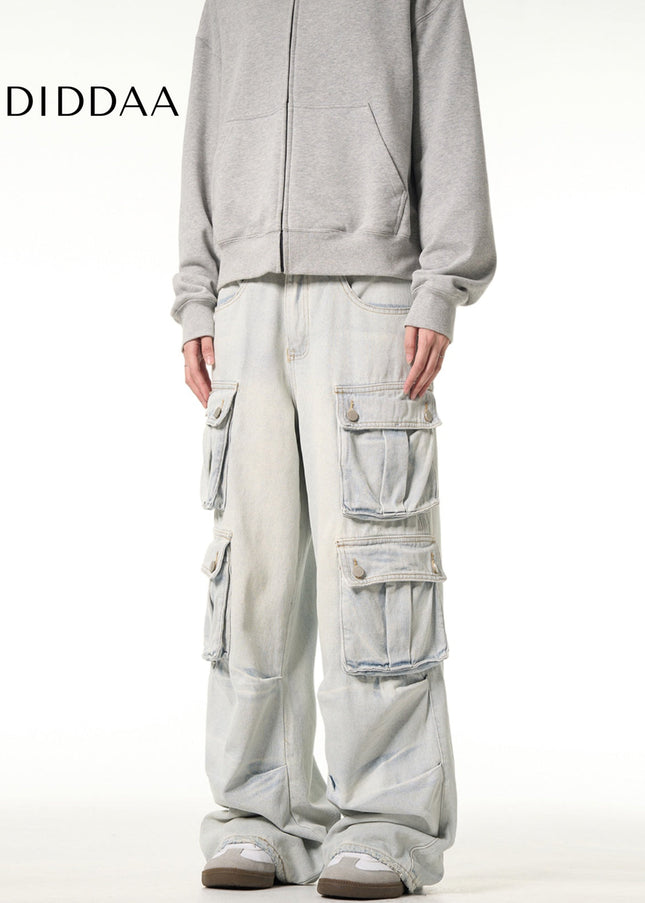 Light Blue Multi-Pocket Cargo Jeans for Men and Women - Men’s Jeans