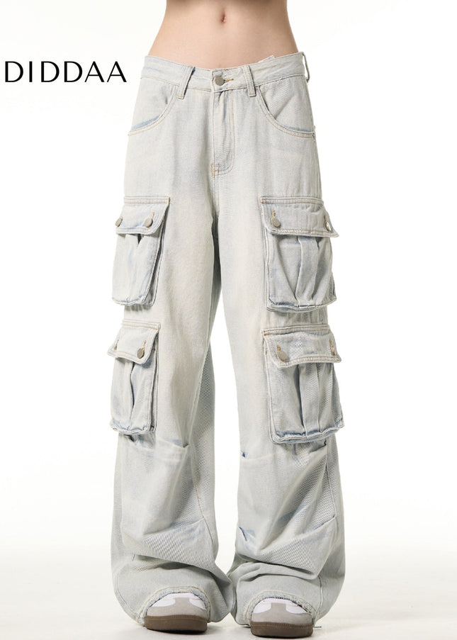 Light Blue Multi-Pocket Cargo Jeans for Men and Women - Men’s Jeans