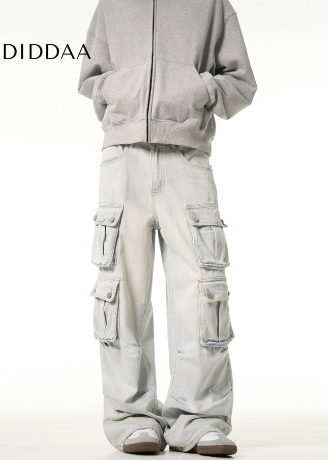 Light Blue Multi-Pocket Cargo Jeans for Men and Women - Men’s Jeans