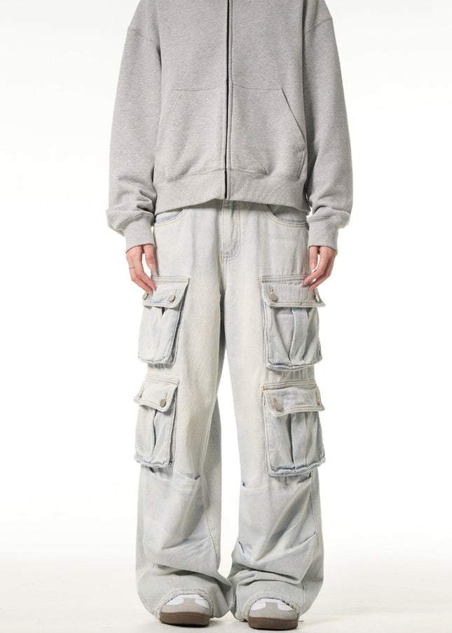 Light Blue Multi-Pocket Cargo Jeans for Men and Women - Men’s Jeans