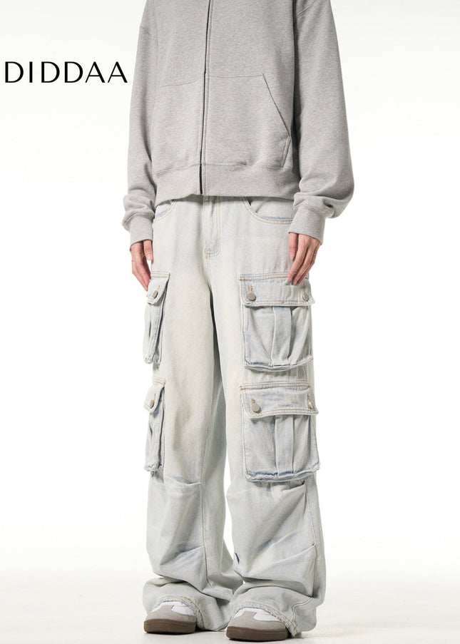 Light Blue Multi-Pocket Cargo Jeans for Men and Women - Men’s Jeans