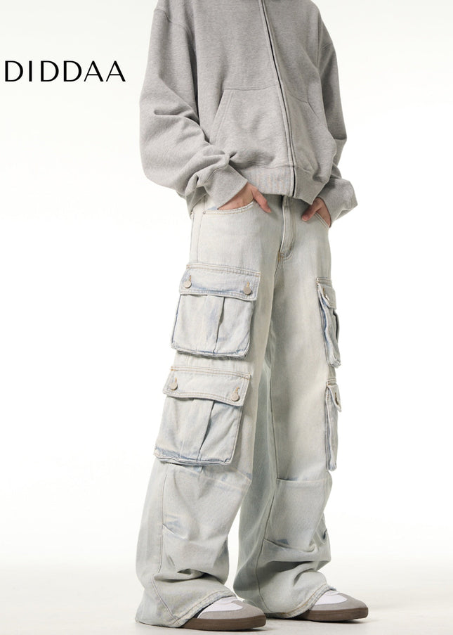 Light Blue Multi-Pocket Cargo Jeans for Men and Women - Men’s Jeans