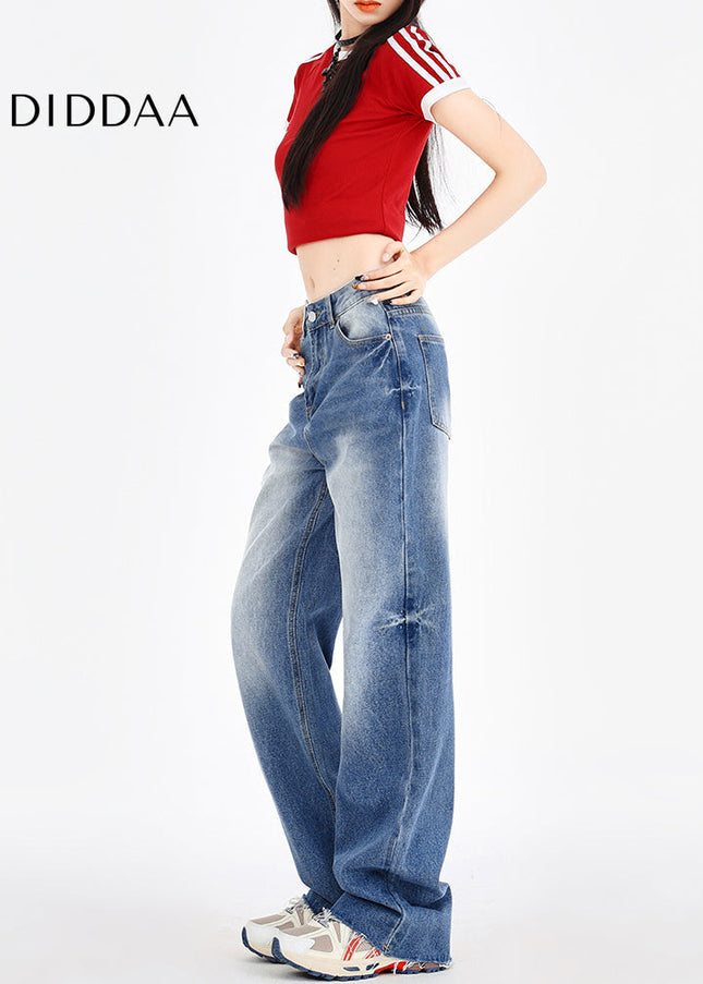Light Blue Raw Edges Wide Leg Retro Jeans - Women’s Jeans