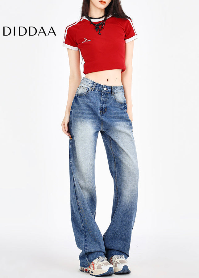 Light Blue Raw Edges Wide Leg Retro Jeans - Women’s Jeans