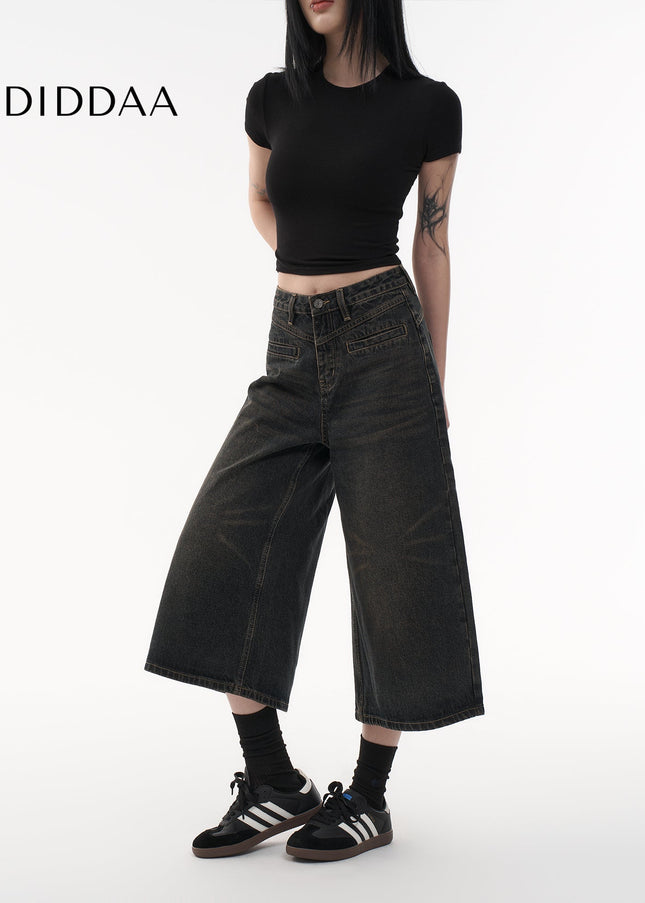 Light Blue Retro Distressed Cropped Wide Leg Jeans - Women’s Jeans