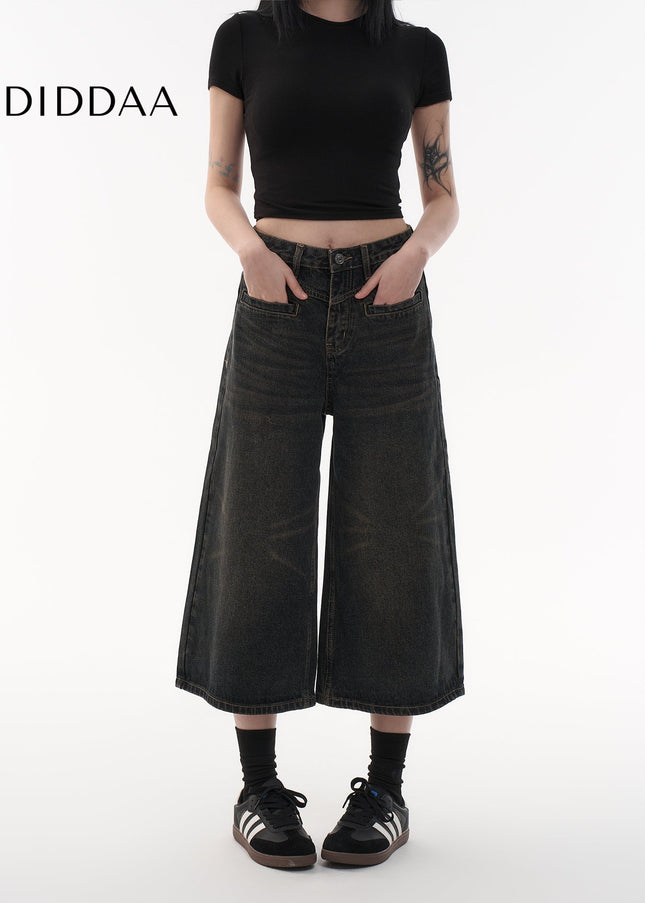 Light Blue Retro Distressed Cropped Wide Leg Jeans - Women’s Jeans