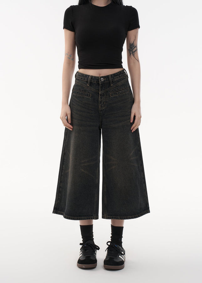 Light Blue Retro Distressed Cropped Wide Leg Jeans - Women’s Jeans