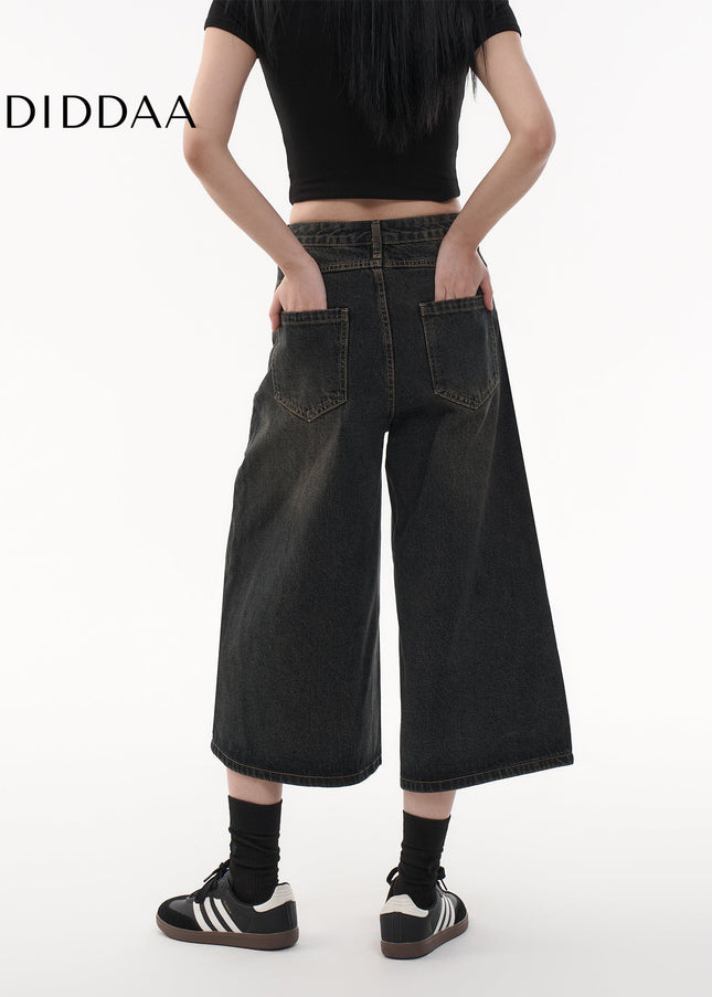 Light Blue Retro Distressed Cropped Wide Leg Jeans - Women’s Jeans