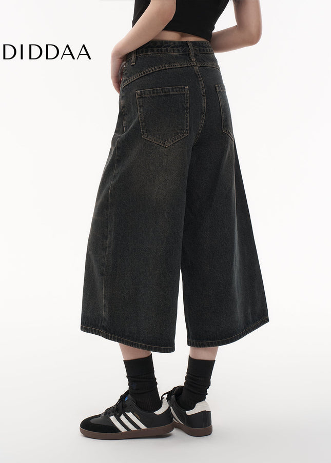 Light Blue Retro Distressed Cropped Wide Leg Jeans - Women’s Jeans