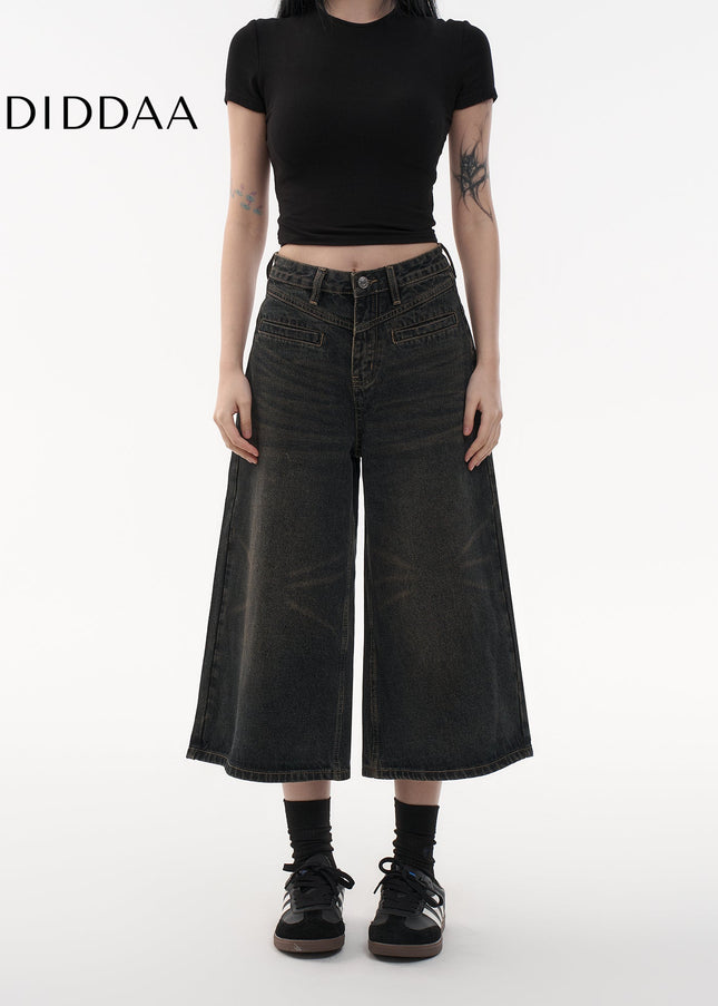 Light Blue Retro Distressed Cropped Wide Leg Jeans - XS / Dark Blue - Women’s Jeans