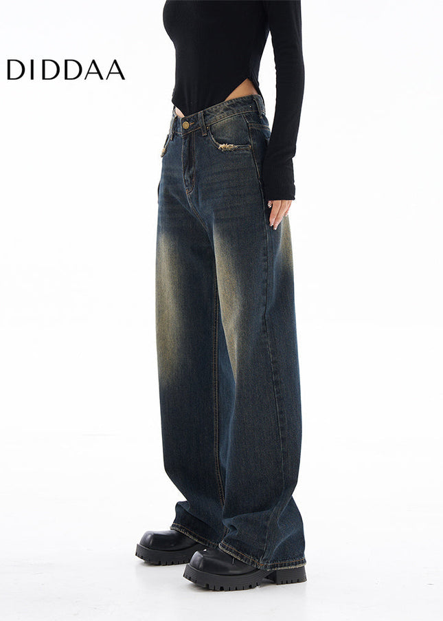 Light Blue Retro Distressed Wide-Leg Straight Jeans - Women’s Jeans