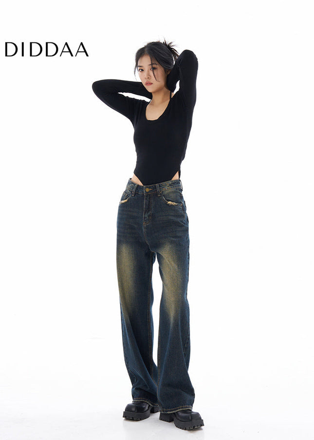 Light Blue Retro Distressed Wide-Leg Straight Jeans - Women’s Jeans