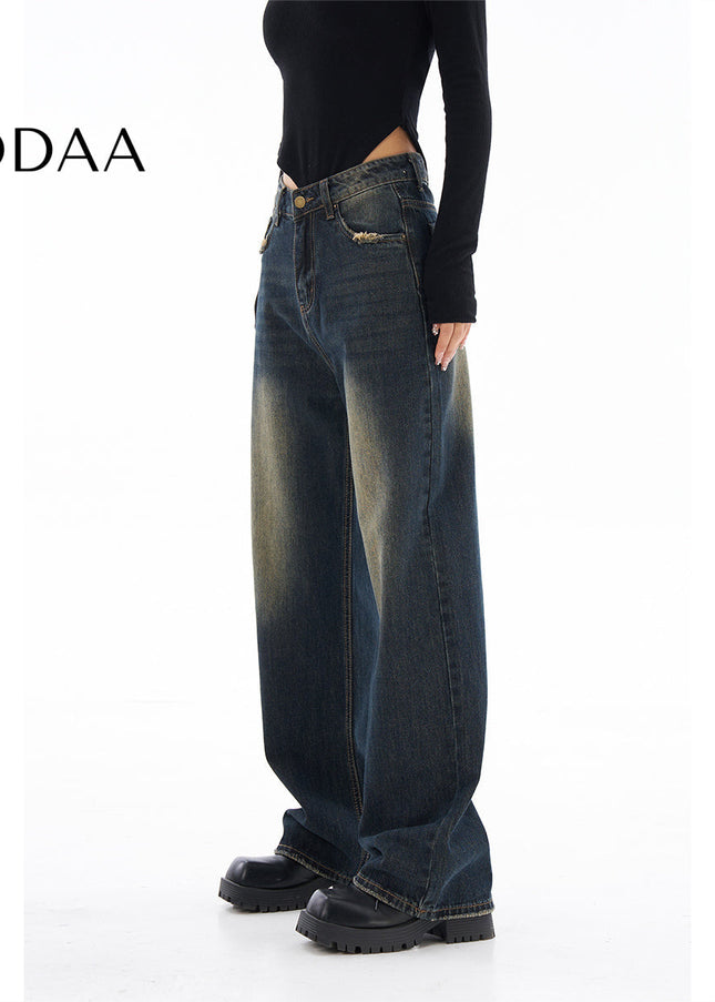 Light Blue Retro Distressed Wide-Leg Straight Jeans - Women’s Jeans
